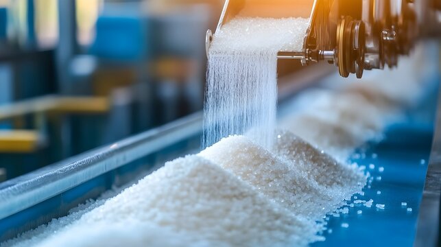 Granulated Sugar Poured into Industrial Packaging Bags on Production Line