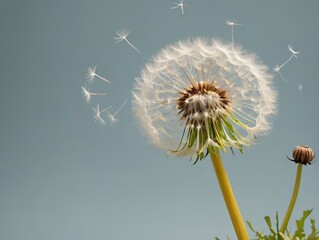 a close-up of a dandelion in its seed stage against a soft blue background. The dandelion has a spherical shape with delicate white seeds attached to thin filaments. Some of the seeds are being carrie