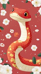 Obraz premium Charming cartoon snake with blossoms on a red background