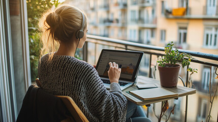 Fototapeta premium Professional woman working from balcony with city view