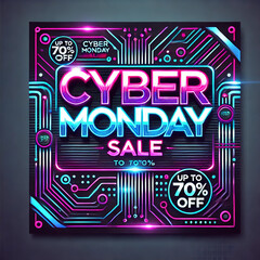Cyber Monday sale banner design with a modern, tech-inspired theme. The banner features bold, neon text that reads 'Cyber Monday Sale' with addition