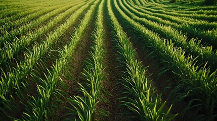Fototapeta premium Overview of Sugarcane Plantation with Rows of Green Stalks
