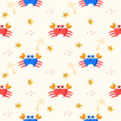 Crab red and blue on the beach. On starfish coconut tree background. Cartoon so cute. Pattern seamless vector illustration.