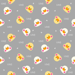 Fototapeta premium Face duck in love. Cartoon so cute. On heart grey background. Pattern seamless. Vector illustration.