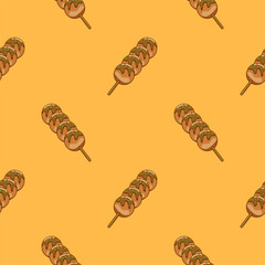 Grilled meatballs cartoon so cute. On yellow background. Pattern seamless vector illustration.