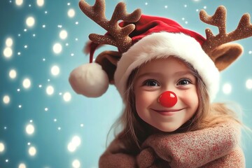 a portrait of a little girl with Rudolph Christmas hat and red nose