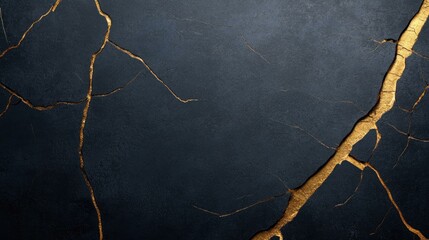 Close-up of a Black Surface with Golden Cracks