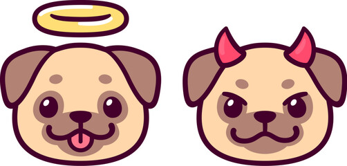 Angel and devil pug dog face, cute cartoon drawing. Simple kawaii doodle style illustration.