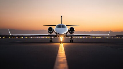 Private jet on runway during sunset with golden skies in the background.