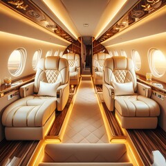 Luxury golden and white private jet plane interior seats and window. Comfortable business first class flight inside, empty expensive elegance and success, nobody in prestigious rich and wealthy cabin.