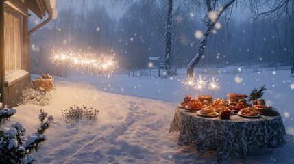 A Russian countryside covered in fresh snow a table outside adorned with traditional foods and sparklers set up for celebration.  