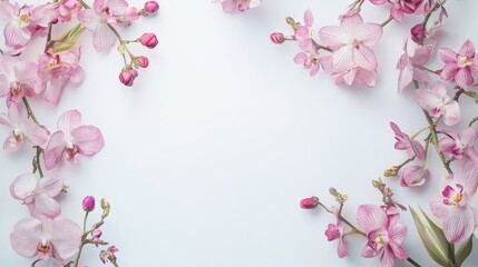 Obraz premium A delicate arrangement of pink orchid flowers framing a clean white background, creating a serene and elegant aesthetic.