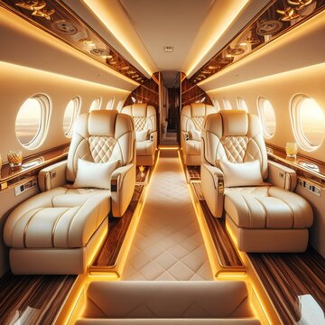 Luxury golden and white private jet plane interior seats and window. Comfortable business first class flight inside, empty expensive elegance and success, nobody in prestigious rich and wealthy cabin.