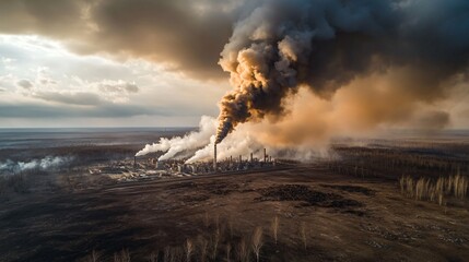 A factory spewing thick smoke into the sky dark clouds above with surrounding barren land and lifeless trees.  