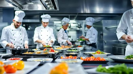 Chefs preparing gourmet dishes in a modern kitchen environment. Full HD or 4K Footage Video Animation