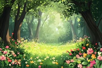 Obraz premium Enchanted Forest Glade with Sunbeams and Flowers