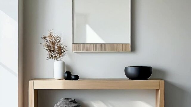 a mirror  and  a vase  on  a wooden console table