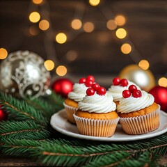 Christmas cupcakes with Christmas tree decorations, lights and fir branch