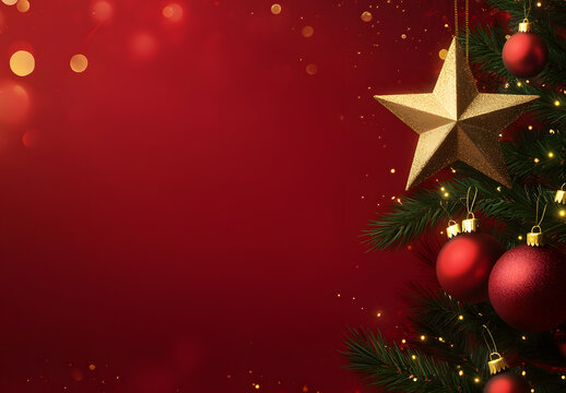  Christmas background with Santa Claus, snowman, and decorations on a red color banner. 