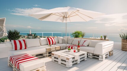 Fototapeta premium Terrace on the roof of the house with white umbrellas on the sea background