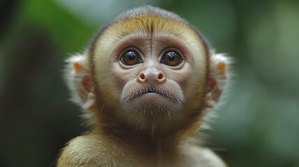 Fototapeta premium A curious young monkey looking directly at the camera with a green foliage background.