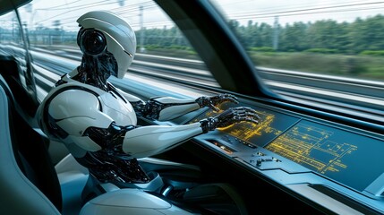 A robot controlling a high speed bullet train streamlined and efficient its metallic hands on a glowing control panel as the train zips through the countryside.