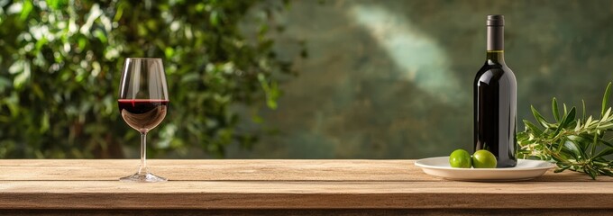 Relaxing outdoor wine tasting experience with red wine glass, bottle, and fresh olives on rustic wooden table
