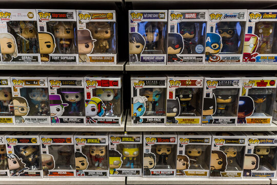 Saint-Petersburg, Russia - 14 July 2024. Funko Pop figures in boxes standing in row