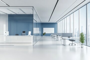 Modern White and Blue Open Space Office Interior with Sleek, Minimalist Design