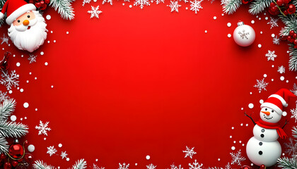 Christmas background with Santa Claus, snowman, and decorations on a red color banner. 