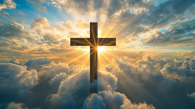 A wooden cross stands tall against a backdrop of fluffy clouds and a bright sun