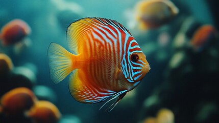 A close-up of a colorful discus fish swimming in an aquarium.