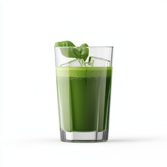 A vibrant green smoothie in a clear glass, garnished with fresh leaves, showcasing a healthy and refreshing drink option.