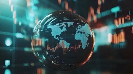 3D Glass Globe with Floating Data Charts and Currency Symbols Depicting Financial Insights