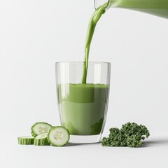 A refreshing green smoothie is being poured into a glass, accompanied by fresh cucumber slices and kale on a minimalist background.