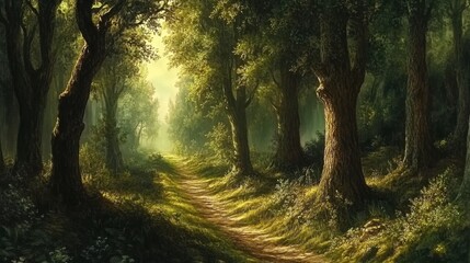 Naklejka premium Sunlit Path Through Enchanted Forest