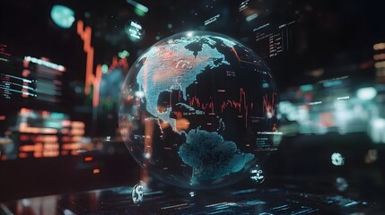 Futuristic 3D Glass Globe Surrounded by Floating Data Charts and Currency Symbols