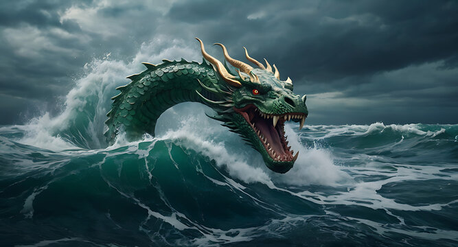 A fierce depiction of the god Marduk battling Tiamat, the primordial sea dragon, in a stormy sea, showcasing the intense battle of light versus darkness.
