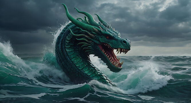 A fierce depiction of the god Marduk battling Tiamat, the primordial sea dragon, in a stormy sea, showcasing the intense battle of light versus darkness.