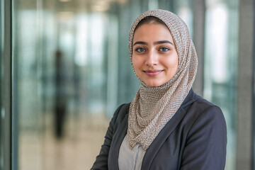 Corporate portrait of a Muslim woman in hijab and business suit