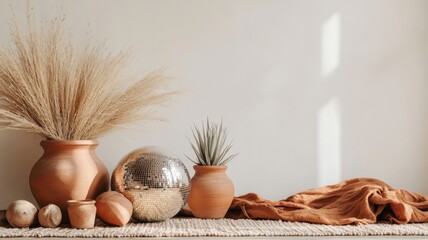 Natural New Year's with disco ball, earthy tones, clay accents, and modern decor for a warm, festive atmosphere. Christmas, New Year's Eve