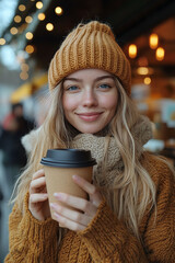 A cheerful young woman enjoys a warm drink in a cozy sweater and hat, radiating happiness in a bustling cafe setting.
