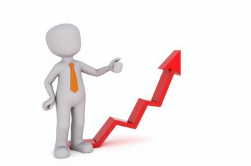 3d man red arrow success chart on white background.