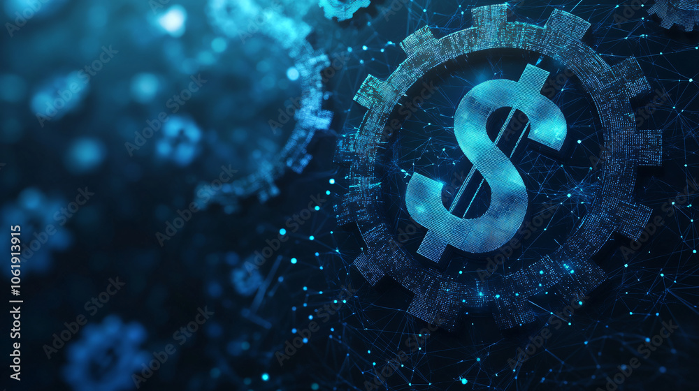 Aufkleber glowing digital dollar sign surrounded by binary gear and network connections on blue background