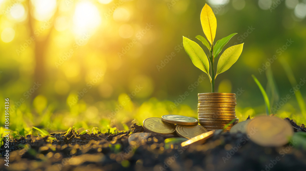 Aufkleber small plant is growing from a stack of coins outside in the soil with the sunset in the background