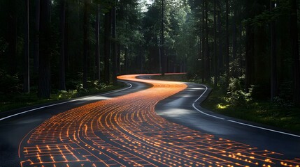 Fototapeta premium Winding Road with Glowing Digital Lines in Forest