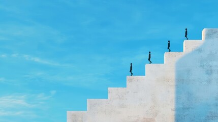Employees on a staircase, each step powered by resources controlled by a leader, workforce progression, efficient resource use