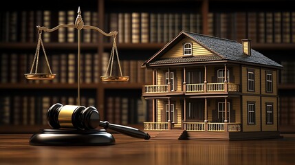 Symbolic representation of law with a gavel, scales, and a house, showcasing legal themes in real estate.