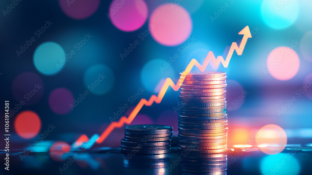 Poster Coins stacks with an upward arrow graph demonstrating growth on a vibrant bokeh background