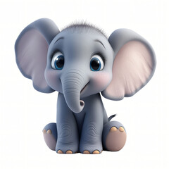 A cheerful 3D cartoon elephant sitting on white background